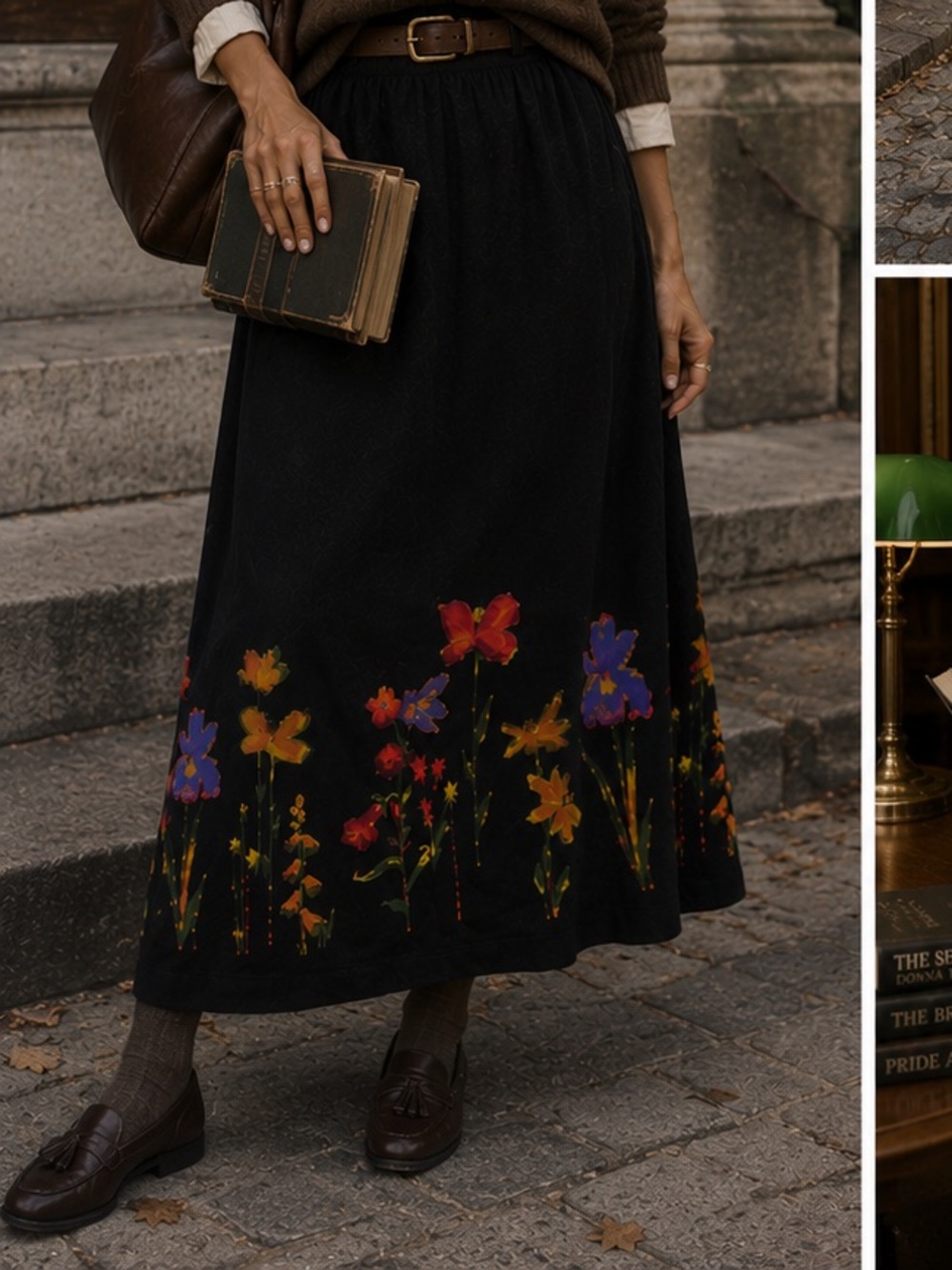 Whimsigoth Vintage 100% silk grunge chic Womens Black Floral Maxi Skirt Sz 8